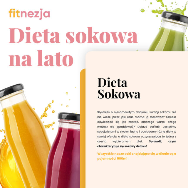 🌞 Wakacyjny czas to idealny moment na odświeżenie organizmu! 🍹☀️ Czy znasz już naszą dietę sokową na lato? 🍏🍊🥒Dieta sokowa od Fitnezja to prawdziwa bomba witaminowa! 🍎🥕Nie zwlekaj - sprawdź naszą ofertę diet sokowych na lato już teraz! 🌿💧 Dowiedz się więcej na naszej stronie: https://www.fitnezja.fit/dieta-sokowa/ 🍏🍊